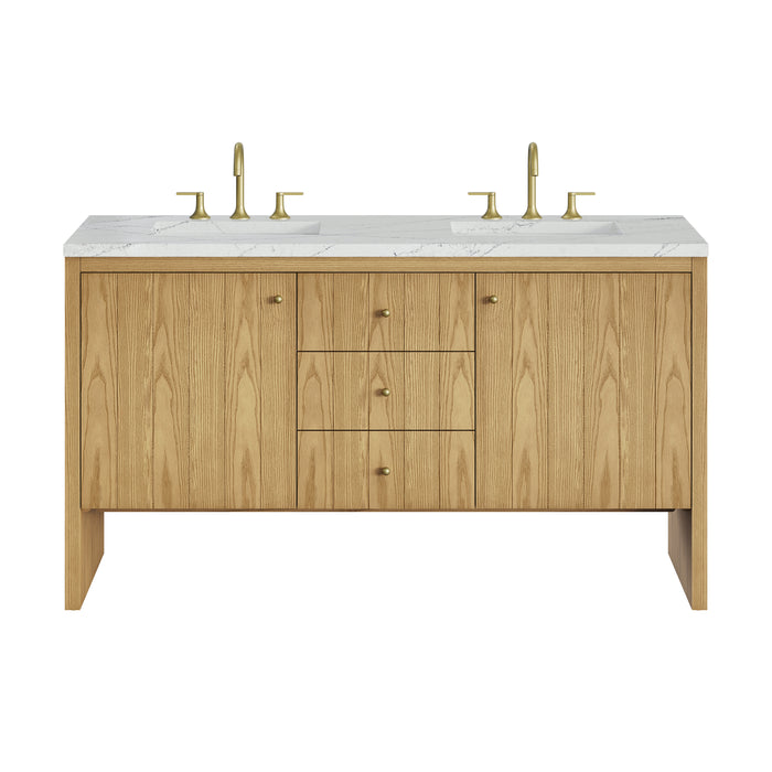 Hudson 60" Double Vanity, Honey Oak w/ 3 CM Tajnar Eclos Top w/FreePower Wireless Charger