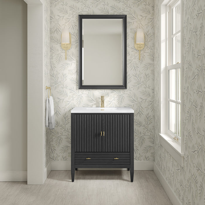 James Martin Myrrin 30" Single Bathroom Vanity in Carbon Oak, shown in a bathroom setting