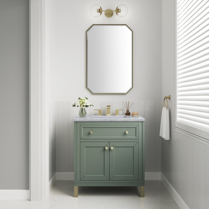 James Martin Chicago 30" Single Bathroom Vanity in Smokey Celadon, shown in a bathroom setting