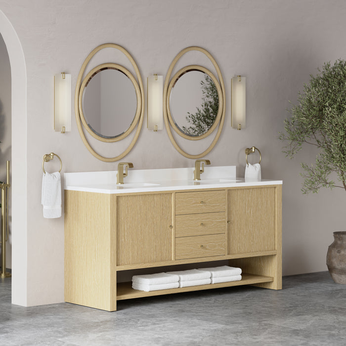 Marigot 72" Double Vanity, Sunwashed Oak, w/ 3 CM Tajnar Eclos Top w/FreePower Wireless Charger