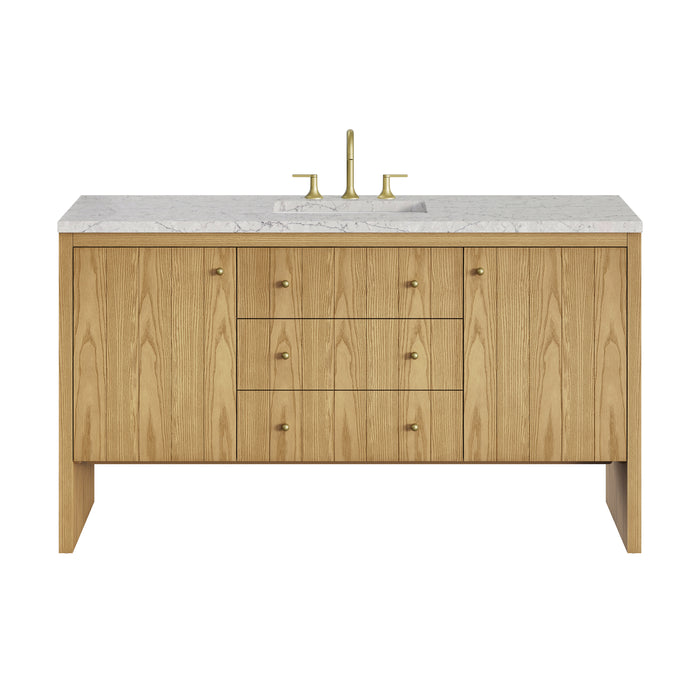 Hudson 60" Single Vanity, Honey Oak w/ 3 CM Tajnar Eclos Top w/FreePower Wireless Charger