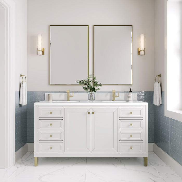 James Martin Chicago 60" Double Bathroom Vanity in Glossy White, shown in a bathroom setting