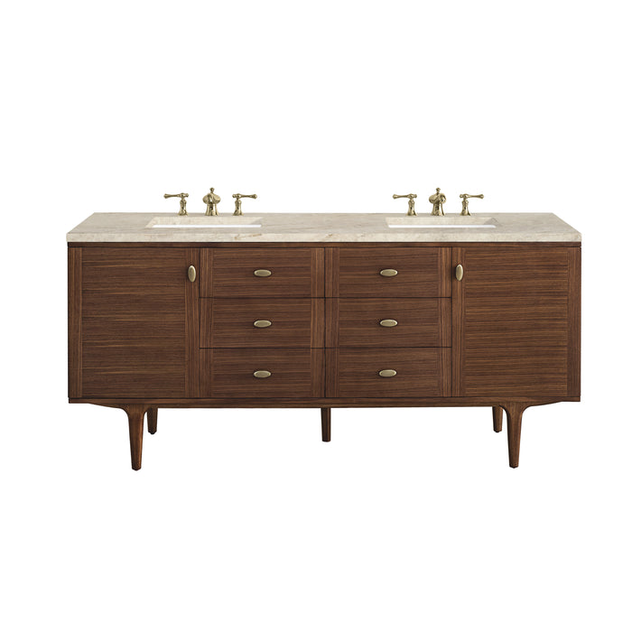 Amberly 72" Double Vanity, Mid-Century Walnut, w/ 3 CM Tajnar Eclos Top