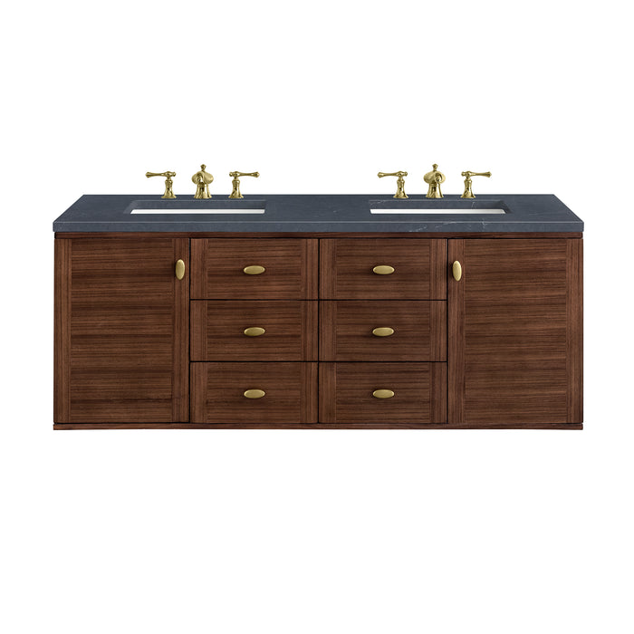 Amberly 60" Double Vanity, Mid-Century Walnut w/ 3 CM Victorian Silver Top w/FreePower Wireless Charger