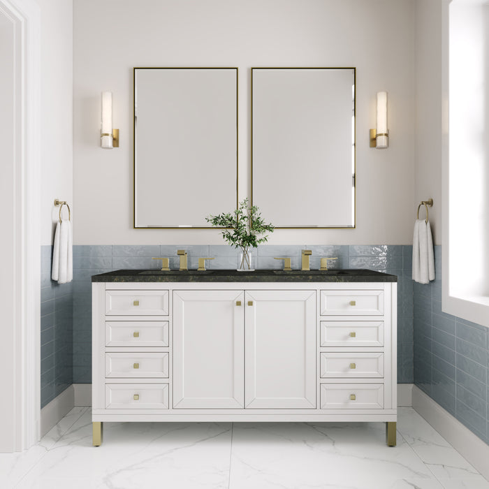 James Martin Chicago 60" Double Bathroom Vanity in Glossy White, shown in a bathroom setting