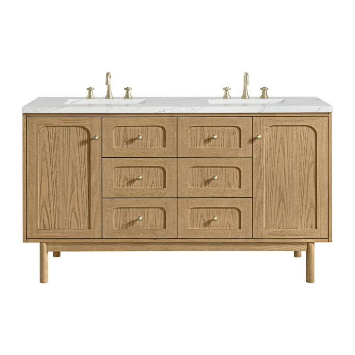 Laurent 60" Double Vanity, Honey Oak w/ 3 CM Tajnar Eclos Top w/FreePower Wireless Charger