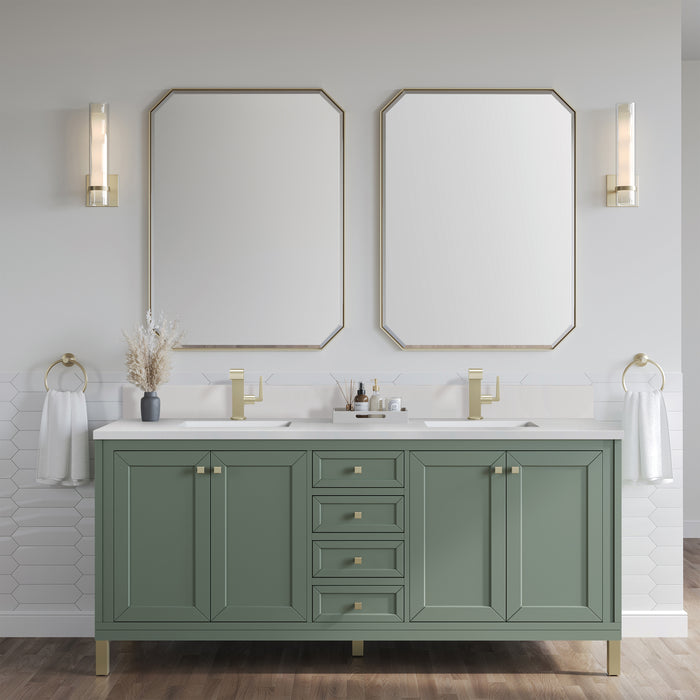 James Martin Chicago 72" Double Bathroom Vanity in Smokey Celadon, shown in a bathroom setting