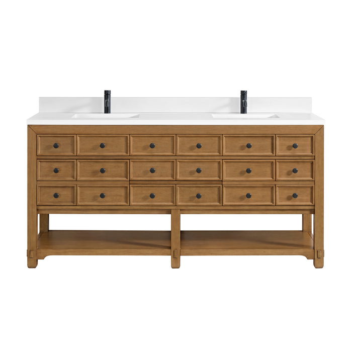 Malibu 72" Double Vanity, Amber Birch w/ Single Hole 3 CM White Zeus Top & Backsplash