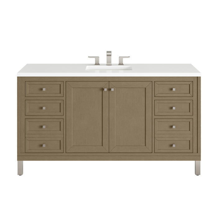 Chicago 60" Single Vanity, Walnut Whisper, w/ Single Hole 3CM White Zeus Silestone® Top & Backsplash