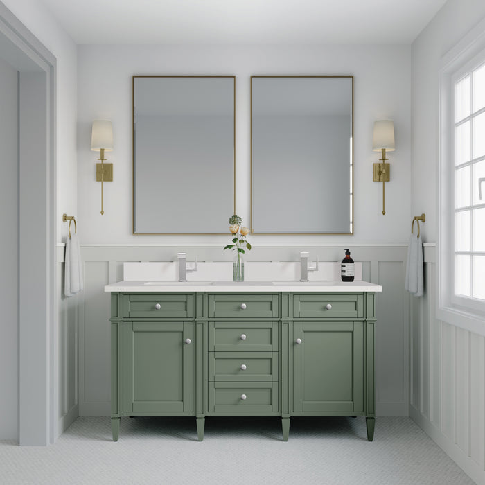 James Martin Brittany 60" Double Bathroom Vanity in Smokey Celadon, shown in a bathroom setting