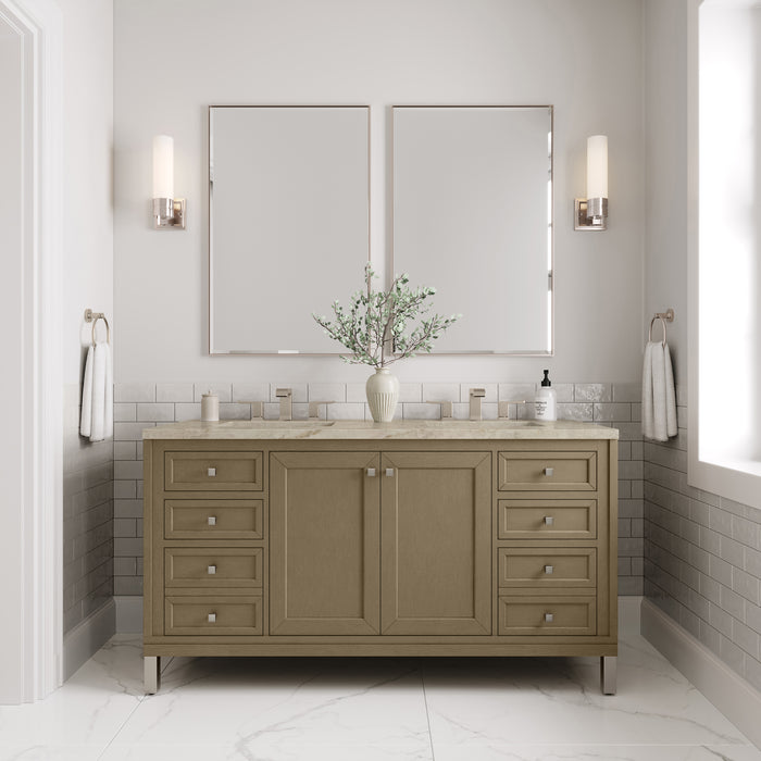 James Martin Chicago 60" Double Bathroom Vanity in Walnut Whisper, shown in a bathroom setting