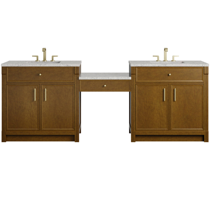 Bellshire 96" Dual Vanity Set with 24" Make-Up Counter, Honey Oak w/3 cm Eternal Jasmine Pearl Silestone Top