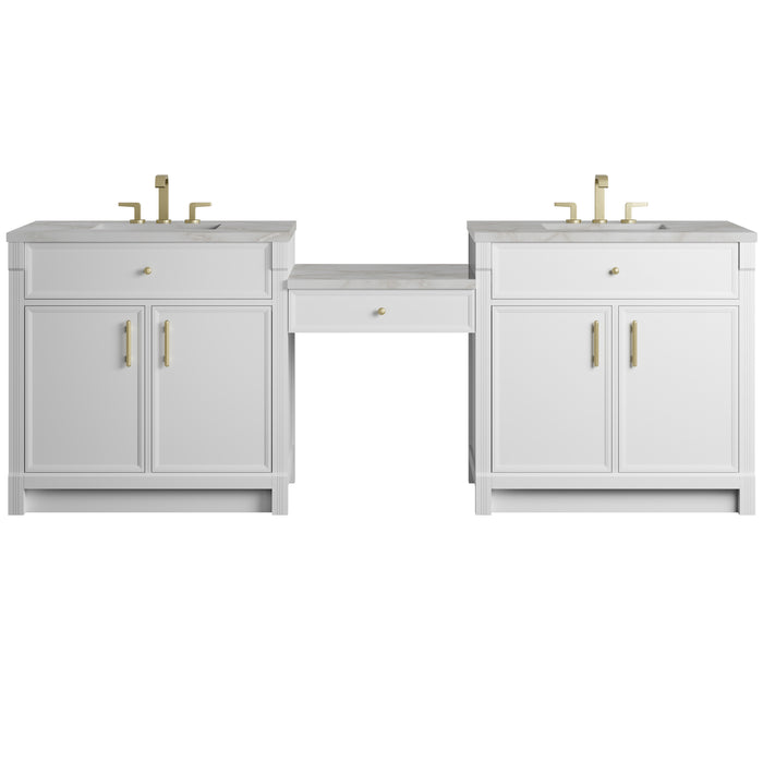 Bellshire 96" Dual Vanity Set with 24" Make-Up Counter, Bright White w/3 cm Victorian Silver Silestone Top