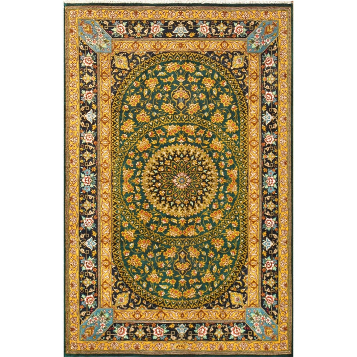 Pasargad Home Azerbaijan Collection Hand-Knotted Pure Silk Area Rug- 2' 6" X 4' 0", Green 38418