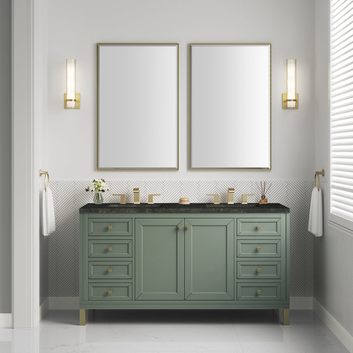 James Martin Chicago 60" Double Bathroom Vanity in Smokey Celadon, shown in a bathroom setting