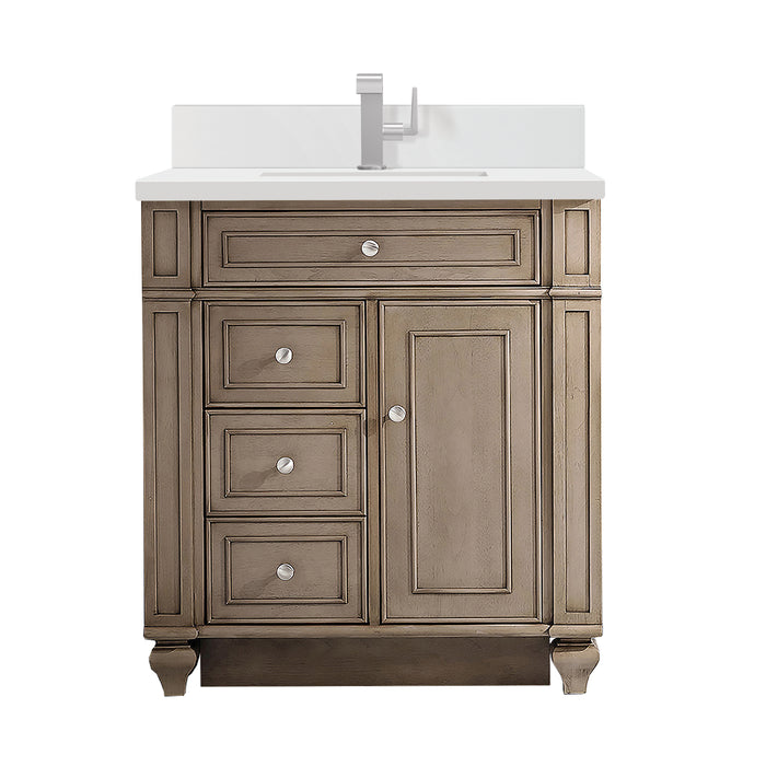 Bristol 30" Single Vanity, Whitewashed Walnut w/ Single Hole 3 CM White Zeus Silestone Top & Backsplash