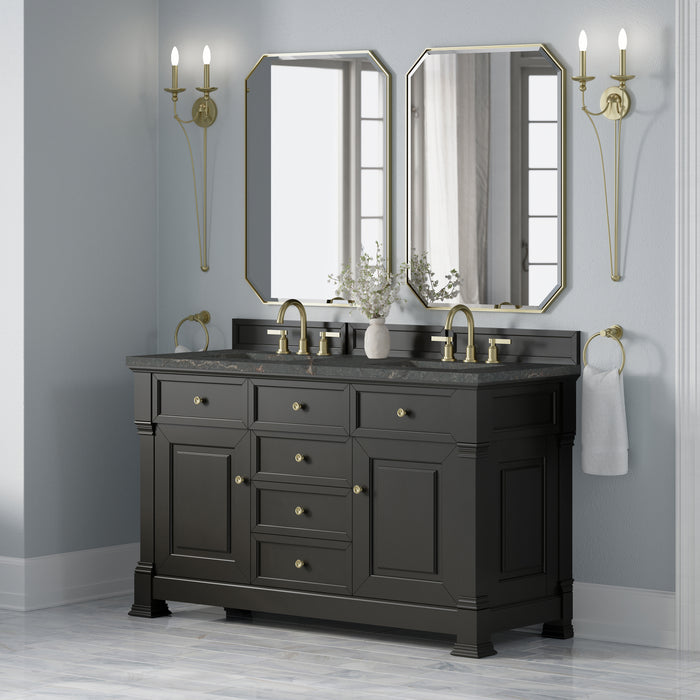 Brookfield 60" Double Vanity, Pecan w/ 3 CM Ethereal Noctis Silestone  Top w/FreePower Wireless Charger