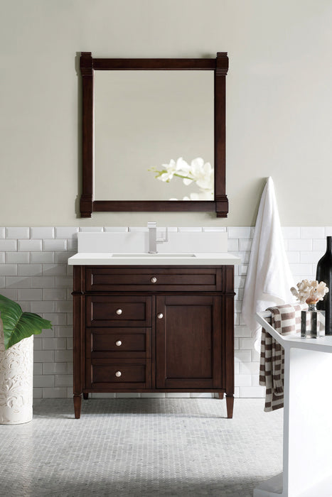 James Martin Brittany 36" Single Bathroom Vanity in Burnished Mahogany, shown in a bathroom setting