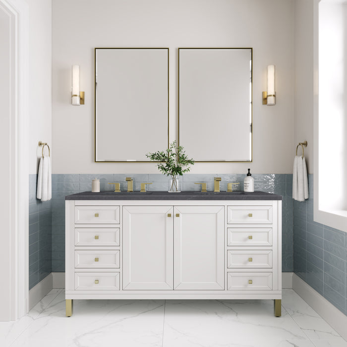 James Martin Chicago 60" Double Bathroom Vanity in Glossy White, shown in a bathroom setting