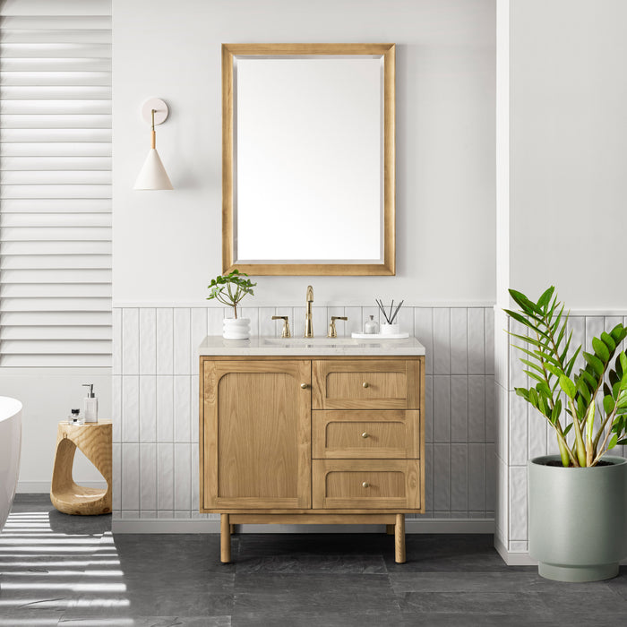 James Martin Laurent 36" Single Bathroom Vanity in Light Natural Oak, shown in a bathroom setting