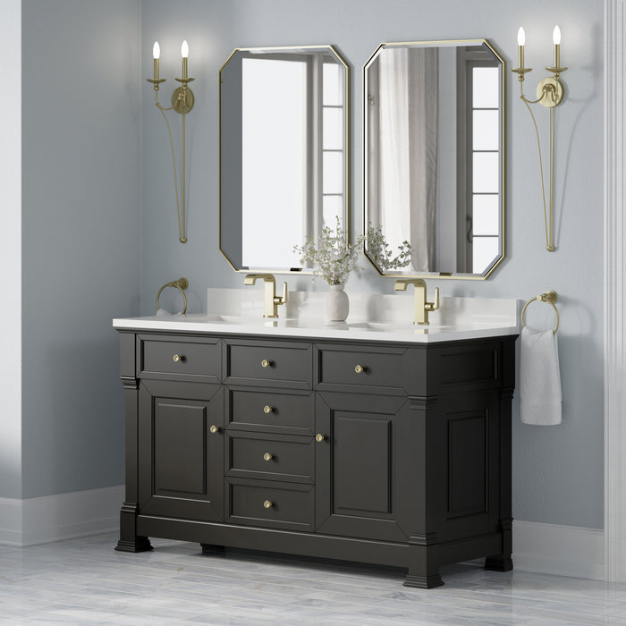 Brookfield 60" Double Vanity, Pecan w/3 CM Carrara White Marble Top