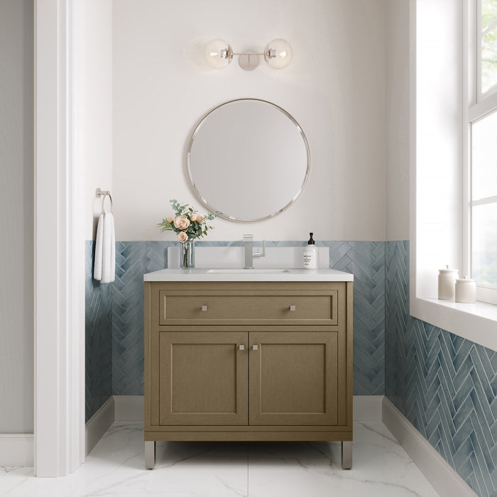 James Martin Chicago 36" Single Bathroom Vanity in Walnut Whisper, shown in a bathroom setting