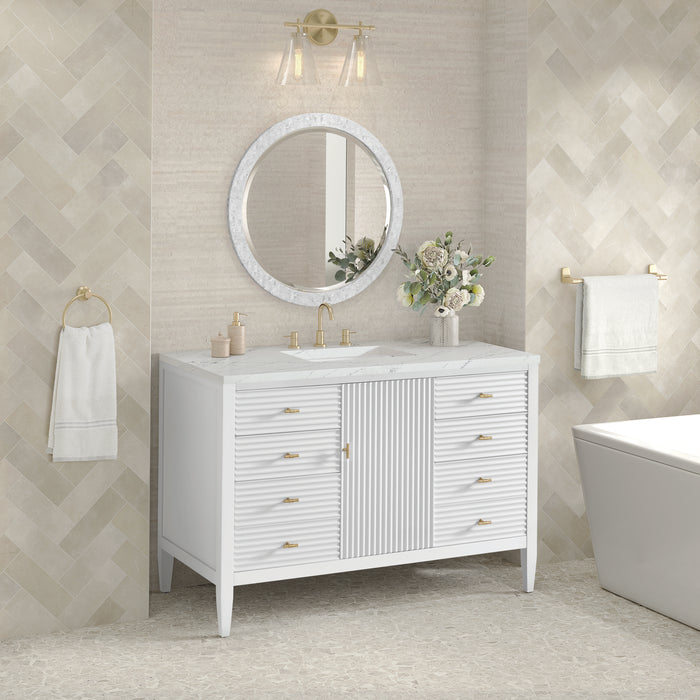 Myrrin 48" Single Vanity, Mid Century Walnut w/ 3 CM Eternal Jasmine Pearl Silestone Top w/FreePower Wireless Charger