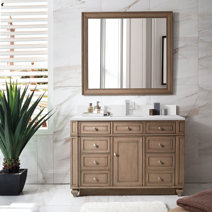 James Martin Bristol 48" Single Bathroom Vanity in Whitewashed Walnut, shown in a bathroom setting