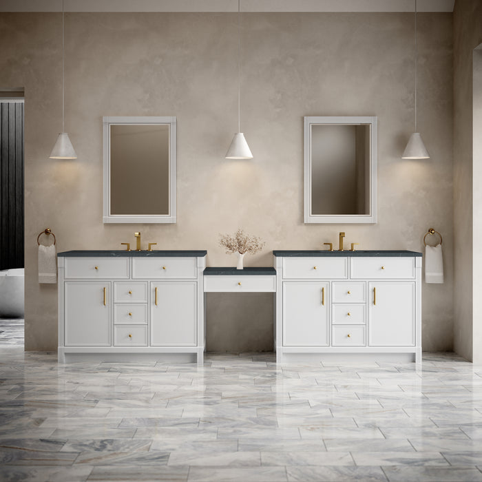 Bellshire 120" Dual Vanity Set with 24" Make-Up Counter, Honey Oak w/3 cm Victorian Silver Silestone Top