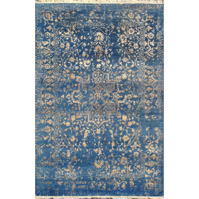 Pasargad Home Transitional Collection Hand Knotted Bsilk & Wool Area Rug, 4' 1" X 6' 2", Blue/Gold pdc-1826 4x6