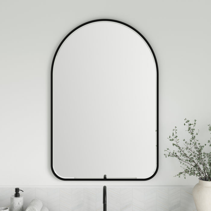 James Martin Rohe 24" Arched Mirror in Matte Black, shown in a bathroom setting