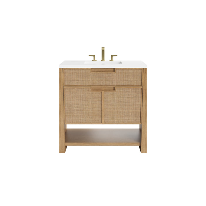 Solene 36" Single Vanity, Seaside Oak, w/ Single Hole 3 CM White Zeus Quartz Top & Backsplash