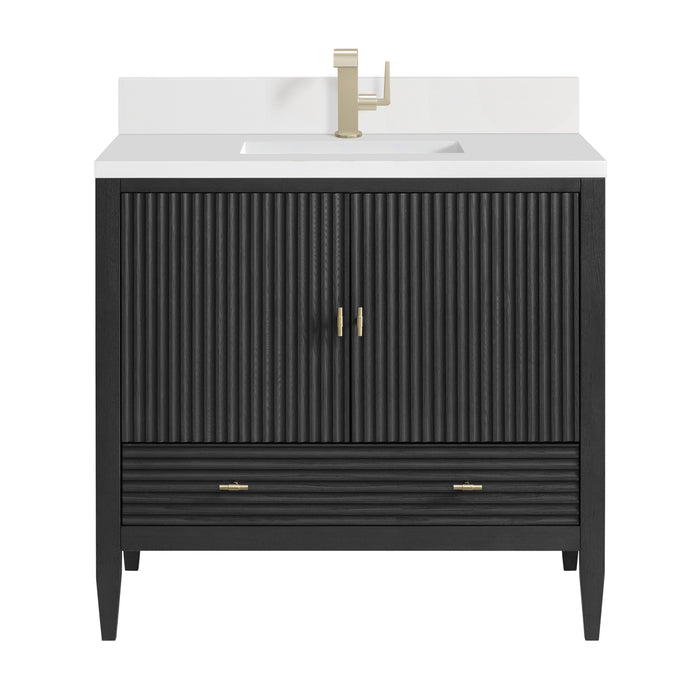 Myrrin 36" Vanity, Carbon Oak w/ Single Hole 3 CM White Zeus Silestone Top & Backsplash