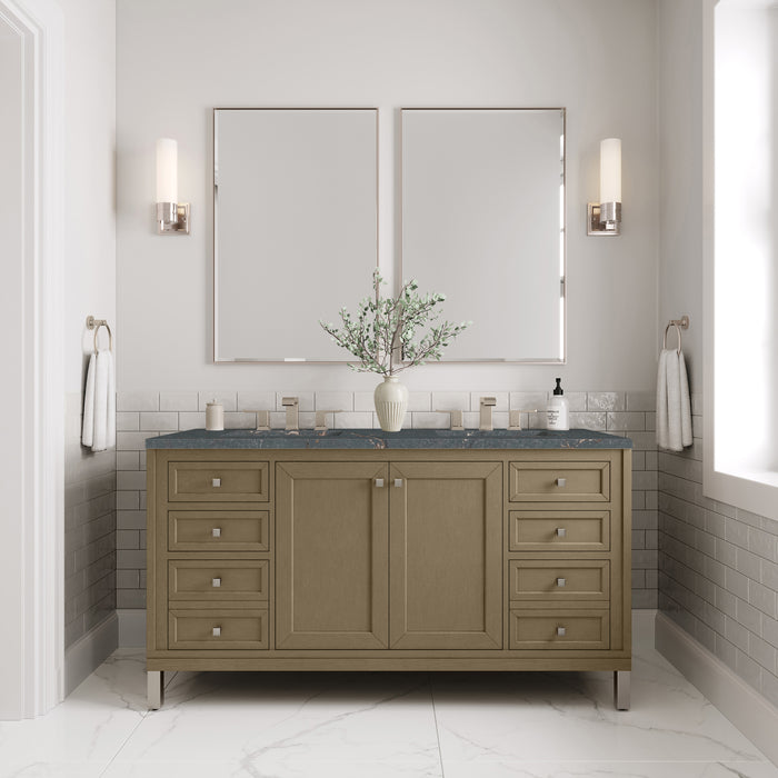 James Martin Chicago 60" Double Bathroom Vanity in Walnut Whisper, shown in a bathroom setting