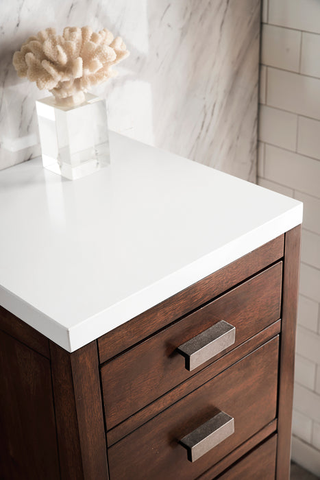 James Martin Addison 15" Base Cabinet in Mid-Century Acacia, shown in a bathroom setting
