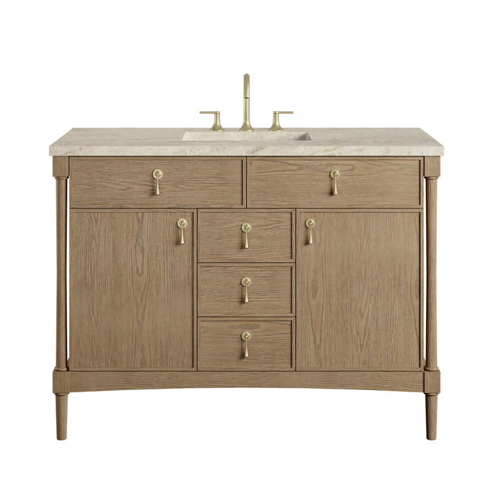 Kinnsden 48" Single Vanity, Weathered Oak w/ 3 CM Eternal Jasmine Pearl Silestone Top