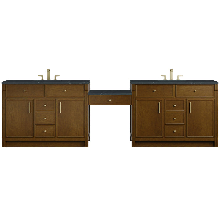 Bellshire 120" Dual Vanity Set with 24" Make-Up Counter, Bright White w/3 cm Ethereal Noctis Silestone Top w/FreePower Wireless Charger