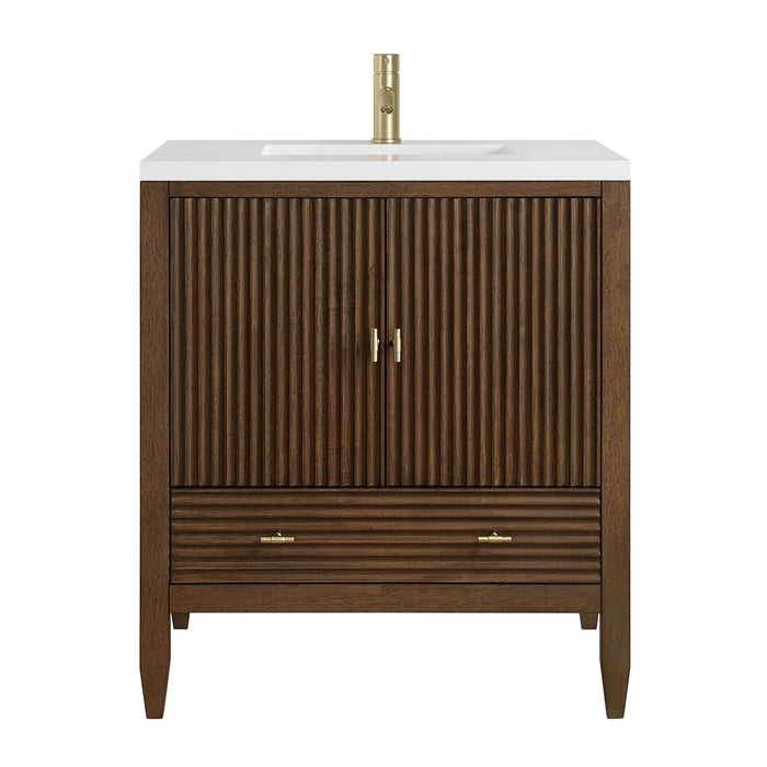 Myrrin 30" Single Vanity, Mid-Century Walnut w/ Single Hole 3 CM White Zeus Silestone Top and Matching Backsplash