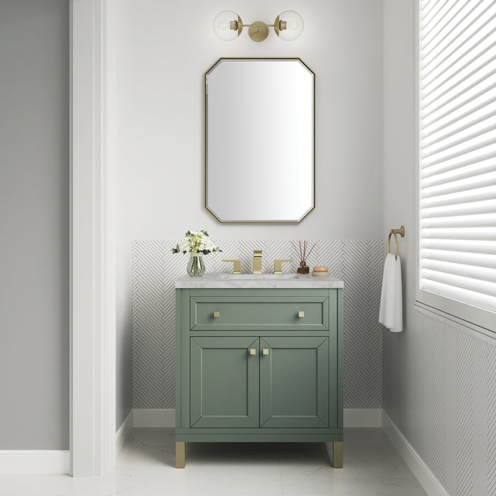 James Martin Chicago 30" Single Bathroom Vanity in Smokey Celadon, shown in a bathroom setting