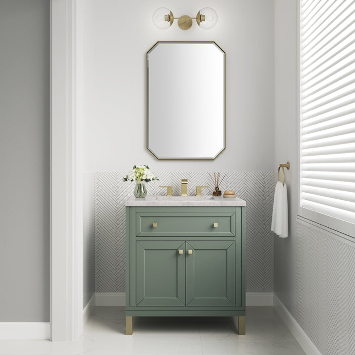 James Martin Chicago 30" Single Bathroom Vanity in Smokey Celadon, shown in a bathroom setting