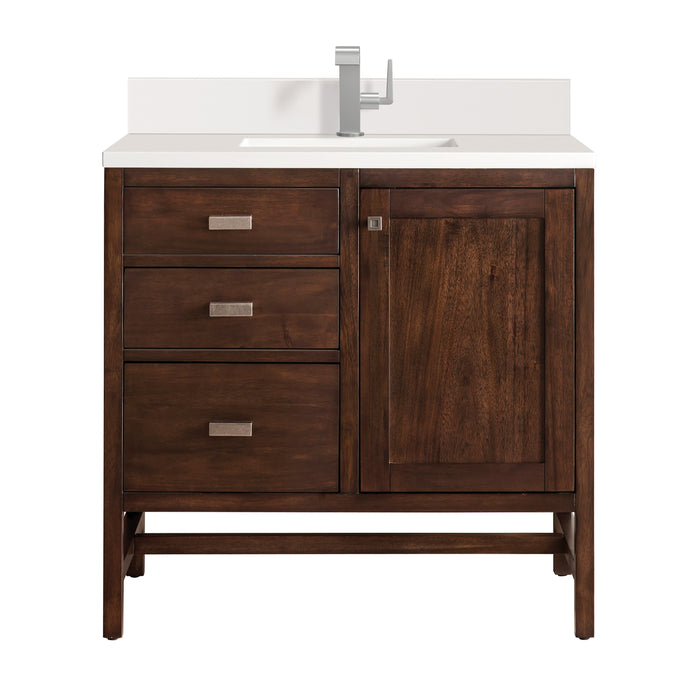 Addison 36" Single Vanity, Mid-Century Acacia w/ Single Hole 3 CM White Zeus Silestone Top & Backsplash