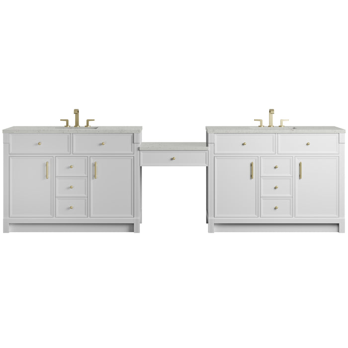 Bellshire 120" Dual Vanity Set with 24" Make-Up Counter, Bright White w/3 cm Lime Delight Silestone Top
