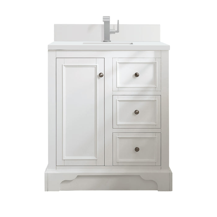De Soto 30" Single Vanity, Bright White w/ Single Hole 3 CM White Zeus Silestone Top & Backsplash