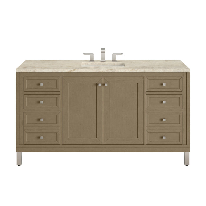 Chicago 60" Single Vanity, Smokey Celadon, w/ 3 CM Victorian Silver Silestone Top w/ FreePower Wireless Charger