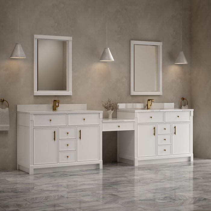 Bellshire 120" Dual Vanity Set with 24" Make-Up Counter, Honey Oak w/3 cm Siberian Silestone Top