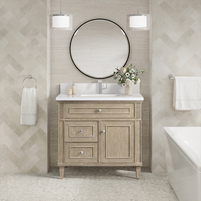 James Martin Lorelai 36" Single Bathroom Vanity in Whitewashed Oak, shown in a bathroom setting