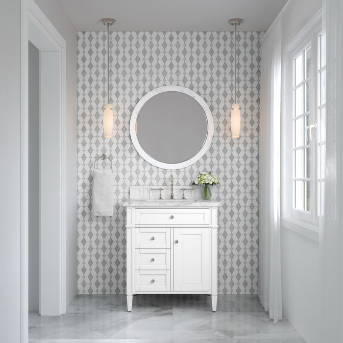 James Martin Brittany 30" Single Bathroom Vanity in Bright White, shown in a bathroom setting