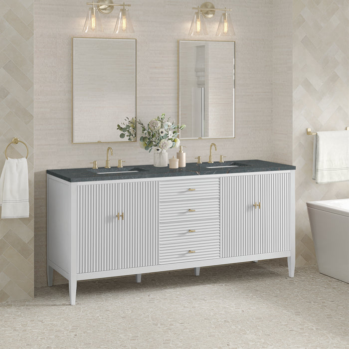 Myrrin 72" Double Vanity, Mid Century Walnut w/ 3 CM Victorian Silver Silestone Top w/FreePower Wireless Charger