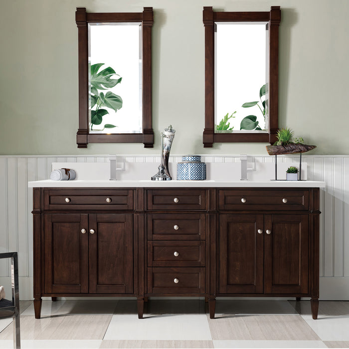 James Martin Brittany 72" Double Bathroom Vanity in Burnished Mahogany, shown in a bathroom setting