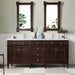 James Martin Brittany 72" Double Bathroom Vanity in Burnished Mahogany, shown in a bathroom setting